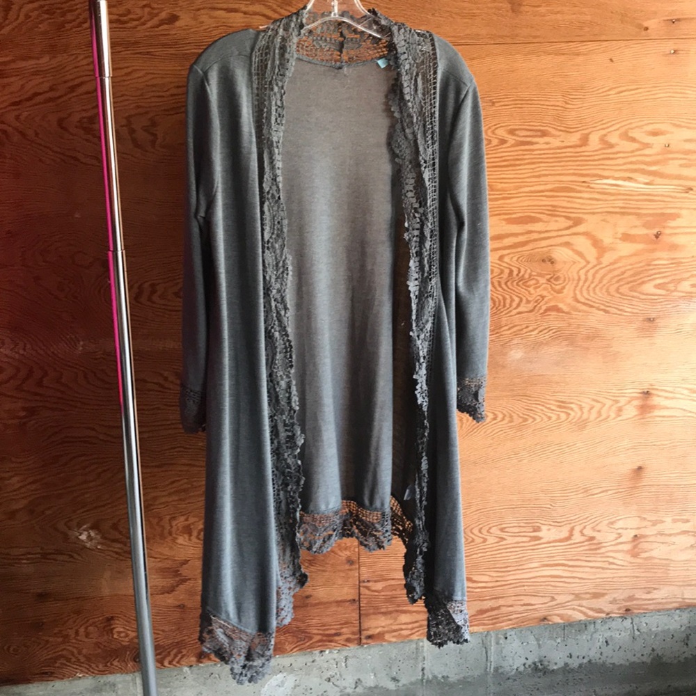 She + Sky Gray Cardigan with Lace Detail